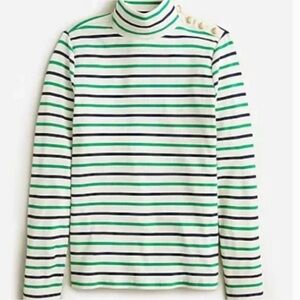 J Crew White Green Blue Stripe vintage turtleneck Gold Buttons Size Medium NWOT